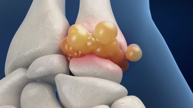 Gout crystals grow and enlarge within the wrist joint, triggering severe pain, swelling, and inflammation. 3D animation of gouty arthritis progression, showing crystal deposition and joint tissue dama