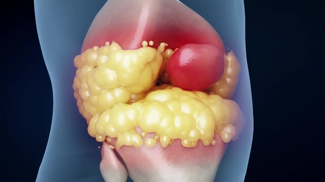 Gout crystals grow and enlarge within the knee joint, triggering severe pain, swelling, and inflammation. 3D animation of gouty arthritis progression, showing crystal deposition and joint tissue damag