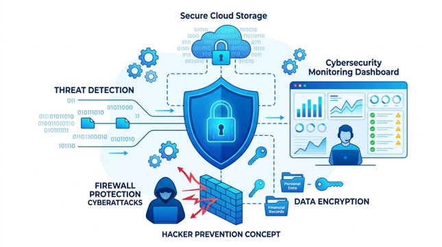 Conceptual Illustration of Cybersecurity Infrastructure with Network Firewall Protection and Secure Cloud Data Storage Management