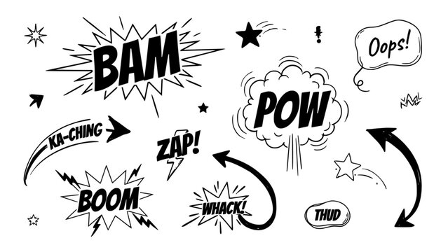 Sound Effect Comic Icons Set with Bam Pow Zap Boom Whack and Thud Speech Bubbles, Stars and Motion Lines