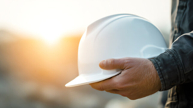 A construction worker holds a white hard hat in hand during sunset, emphasizing safety and dedication to the job.