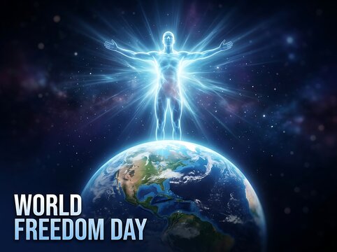 Illuminated glowing human silhouette standing above earth representing world freedom day concept