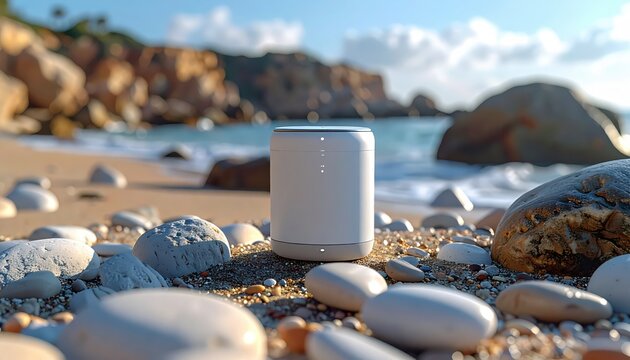 Wireless speaker on rocky beach shore.