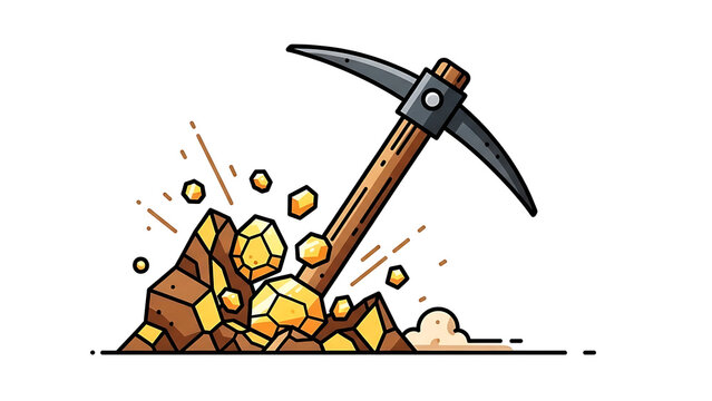 Illustration of a pickaxe breaking into a pile of raw gold nuggets and rocks with treasure discovery excavation