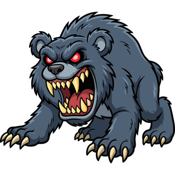 A fierce cartoon bear attacks with sharp claws and teeth in a threatening posture.