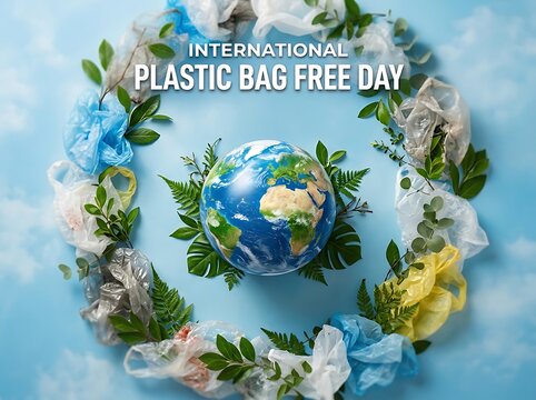 International plastic bag free day with globe surrounded by plastic bags and green leaves concept