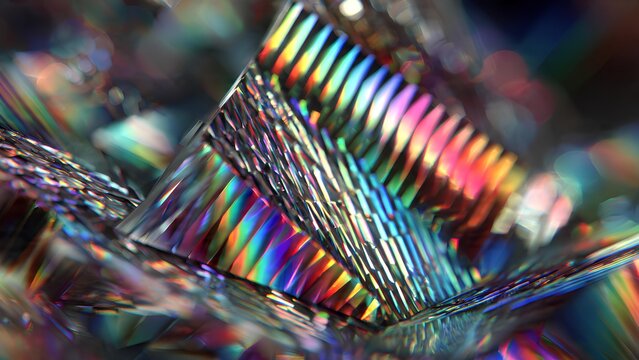 Close-up view of a textured surface displaying vibrant iridescent rainbow colors and intricate light diffraction patterns.