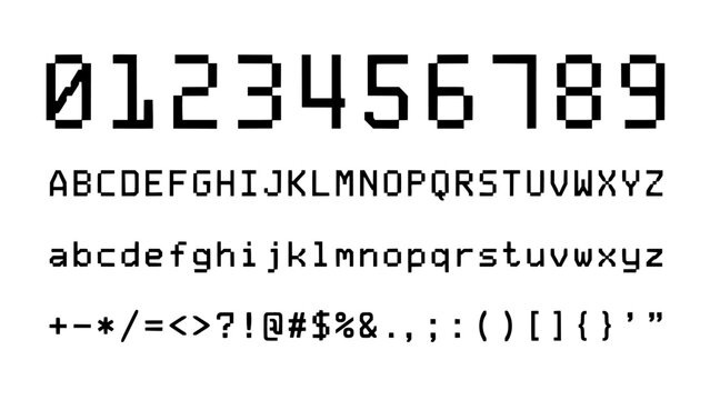 Digital Display of Alphanumeric Characters and Symbols in Pixelated Font Featuring Typeface, Letters, Numbers with Signs and Text