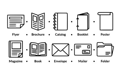 Print media and brochure line icon set   Flyer catalog poster vector collection   Outline flat design with editable strokes © Md