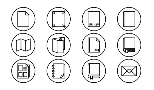 Marketing collateral and stationery line icon set | Flyer brochure catalog vector badges | Editable stroke outline illustration