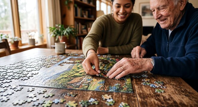 Young Caregiver and Senior Man Enjoying Together a Challenging Jigsaw Puzzle at Home Table for Cognitive Health and Mental Stimulation