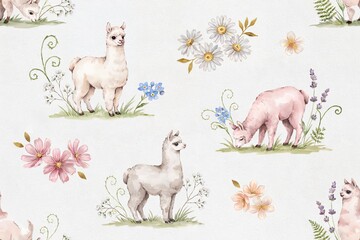 Fototapeta premium Watercolor seamless pattern with adorable white alpacas, pink flowers, daisies, and lavender sprigs on a soft light textured paper background