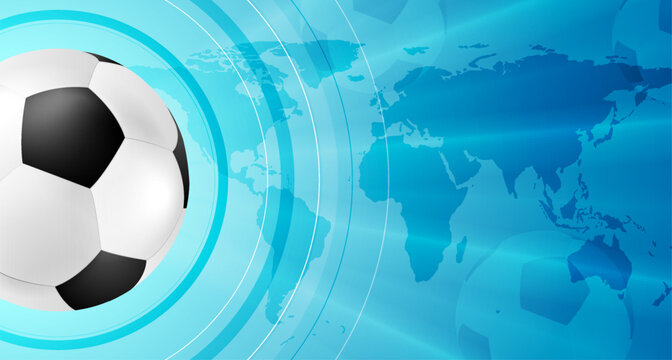 Soccer ball on bright blue abstract background with world map. Sport vector design
