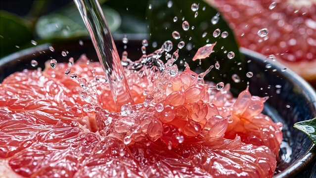 Close up of fresh pink grapefruit pulp vesicles bursting under a stream of transparent pure water droplets