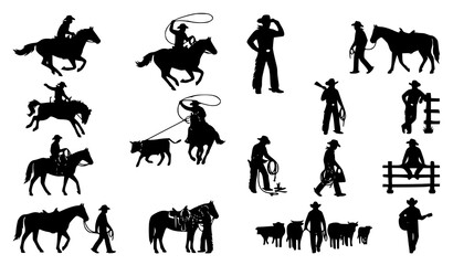 Fototapeta premium Western Cowboy Silhouette Collection Vector Illustration with Rodeo and Ranch Characters