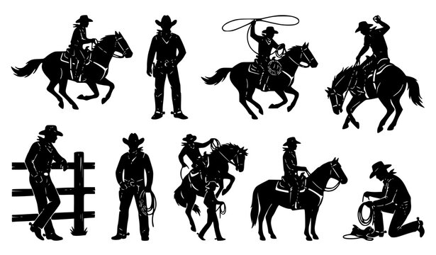 Cowboy Silhouettes Vector Set with Western Ranch Rodeo and Country Style Templates