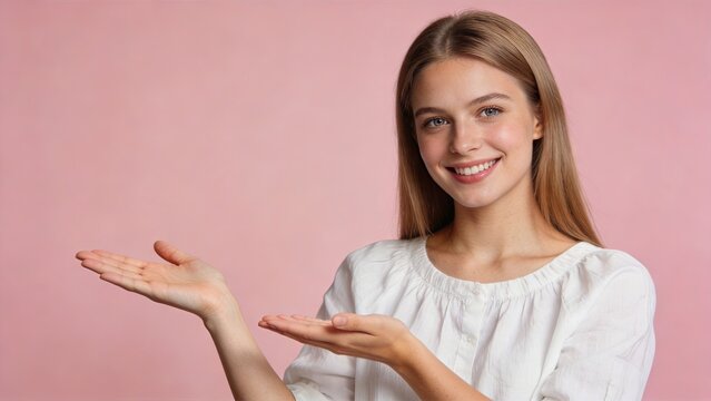 Beautiful young smiling woman with blonde hair presenting or showing empty space with open palms gesture against solid pink studio background for advertising copy.
