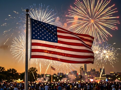 Spectacular fireworks display behind american flag with a large crowd celebrating in the city skyline