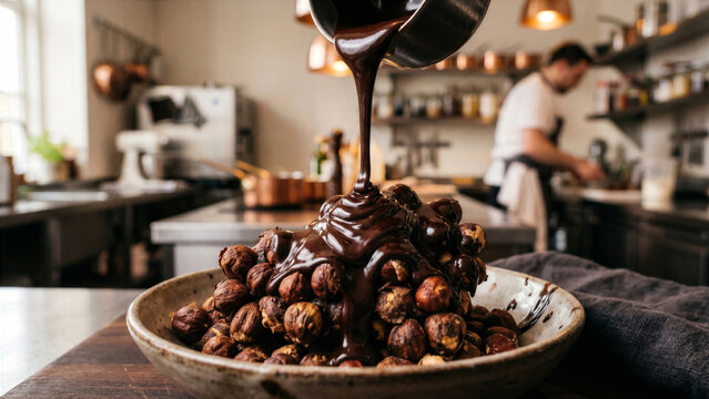 Viscous dark chocolate glaze pouring over crunchy roasted hazelnuts inside commercial kitchen studio