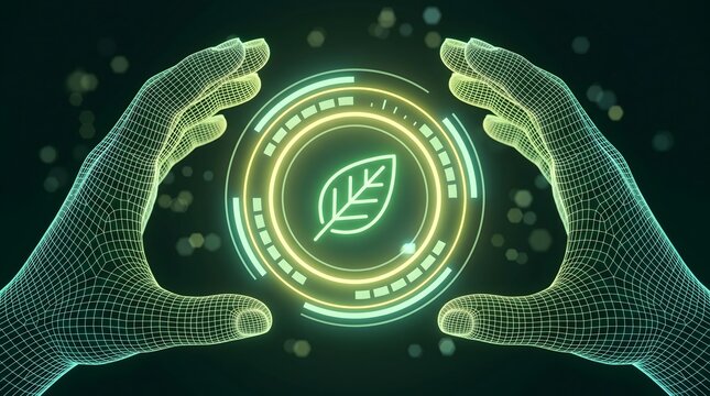 Wireframe cyber hands holding a glowing green leaf hologram symbol
