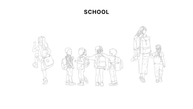 Children going to school line art illustration with students carrying backpacks, group of kids and parent walking in clean minimal outline style
