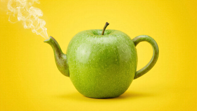 Teapot made of fresh green apple with steam pouring out of the stem surreal food art concept
