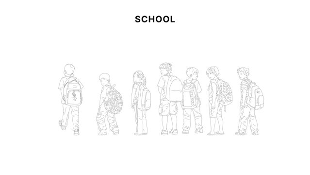 Children going to school line art illustration with students carrying backpacks, group of kids and parent walking in clean minimal outline style
