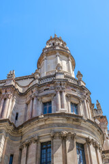 Fototapeta premium Historical Building Tower with Classical Columns, Baroque Stone Facade, Ancient Ornate Balcony, Barcelona