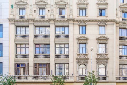 Classical Architecture Facade with Ornate Windows and Stone Balustrades, Building Exterior, Front Residential View