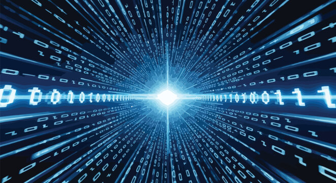 Futuristic blue binary code tunnel, data stream, digital background, tech abstract