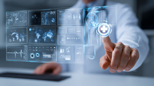 A healthcare professional interacting with a futuristic digital interface, showcasing advanced medical technology.
