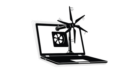 Obraz premium Digital wind turbine emerging from laptop screen, symbolizing green technology innovation