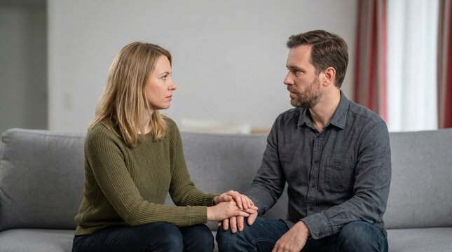 Couple having discussion on sofa in living room