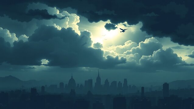 Dense thunderclouds hovering over a futuristic pixel city silhouette, 8-bit dystopian tone, dramatic color scheme