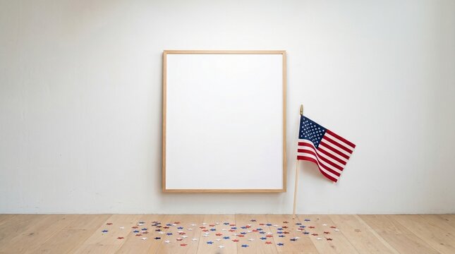 Empty frame and American flag with confetti on wooden floor celebrating U.S. Independence Day