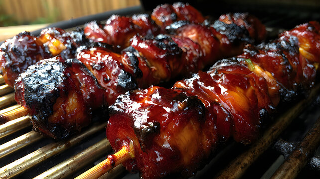 Glazed chicken kabobs roasting on hot charcoal grill with barbecue grill