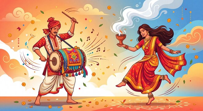 Traditional Durga Puja Dhunuchi Dance and Dhak Drummer Festival Vector Illustration