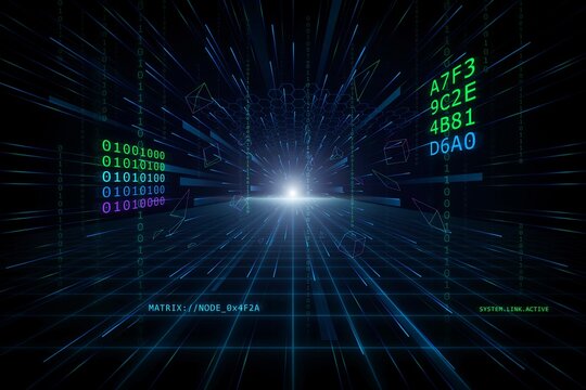 A digital visualization of a data tunnel with glowing blue light, binary code, hexadecimal numbers, and floating geometric shapes in deep space