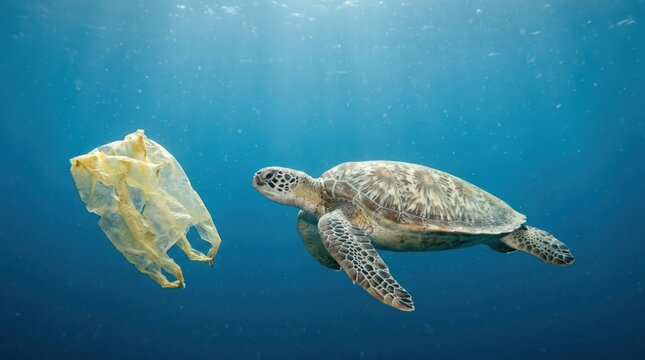 Sea turtle swims near plastic bag in the deep blue ocean highlighting environmental pollution