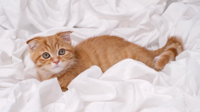 Tabby ginger kitten lying down in bedroom on white sheets.