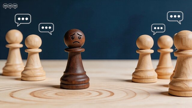 Sad wooden chess pawn with sad face isolated on blue background, symbolizing loneliness, exclusion, bullying, depression, social anxiety, mental health crisis, being left out