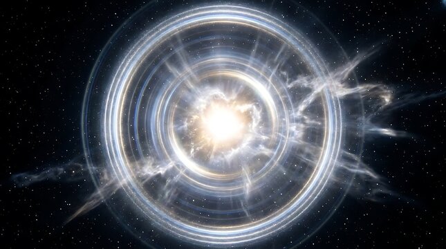 Bright glowing supernova explosion radiating brilliant white light waves across the dark deep space background with swirling ethereal cosmic clouds in a high resolution digital render