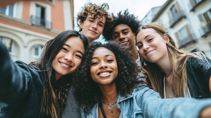 Fototapeta premium A joyful group of diverse friends capturing their memorable moments together in a vibrant urban setting.
