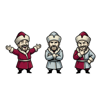 Cossack Warrior Mascot Character Set With Multiple Emotional Expressions Cheerful Celebratory Worried And Thoughtful Vector Illustration