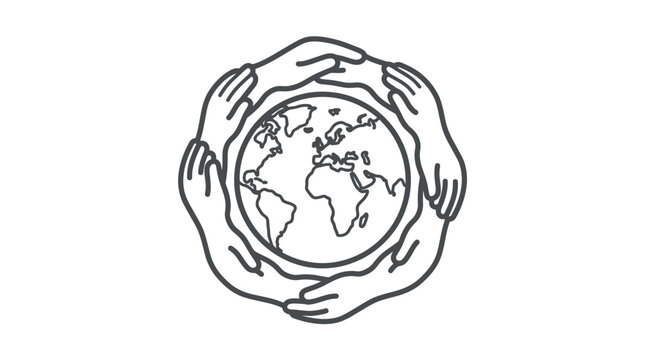 Many hands forming protective circle around globe map icon.