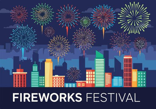 Colorful fireworks explode over vibrant cityscape at night