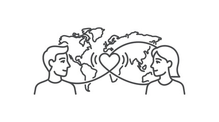 Obraz premium Two people connected by a heart over a world map.