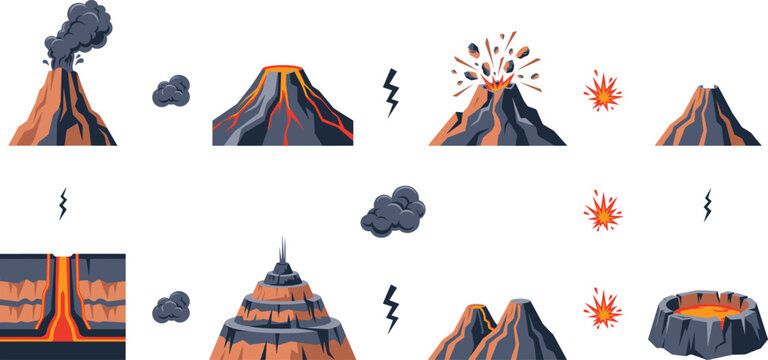 Volcano Eruption Stages and Formation Asset Set with Active Lava Flow Explosion Vent Conduit Strata Layer Crater and Caldera Vector Graphic Illustrations