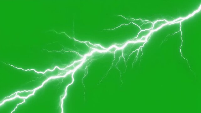 Bright lightning strikes against a solid green screen. Dynamic energy radiates from the strike's core. Perfect for motion graphics or visual effects projects. The strike pulses with power