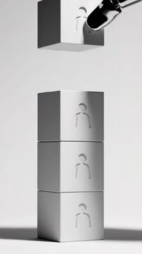A robotic hand removing a cube representing corporate restructuring and job cuts during an economic downturn